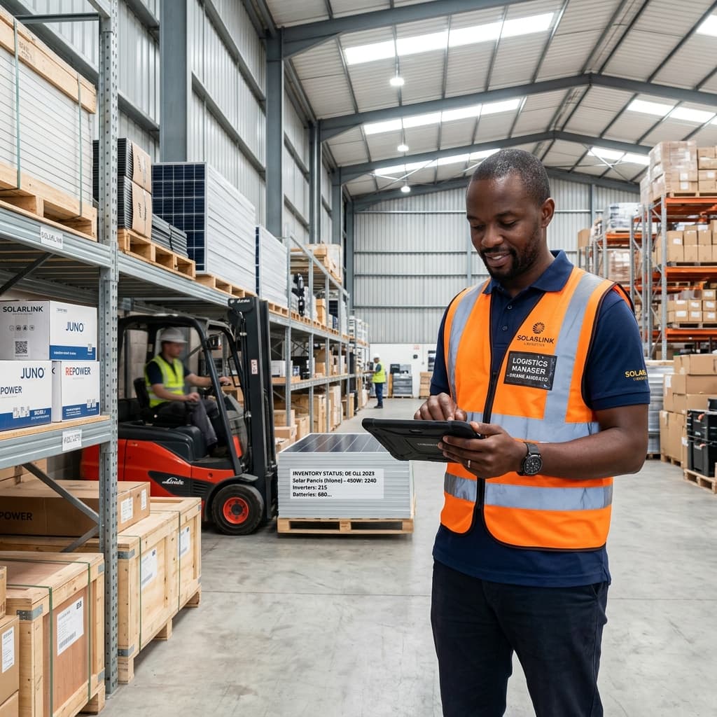 Logistics warehouse operator managing solar cargo pallets