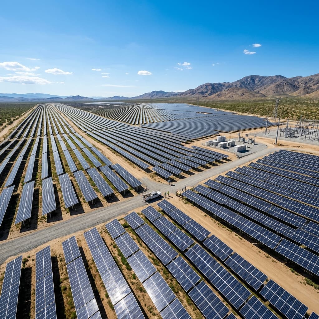 Large-scale utility solar farm panels landscape
