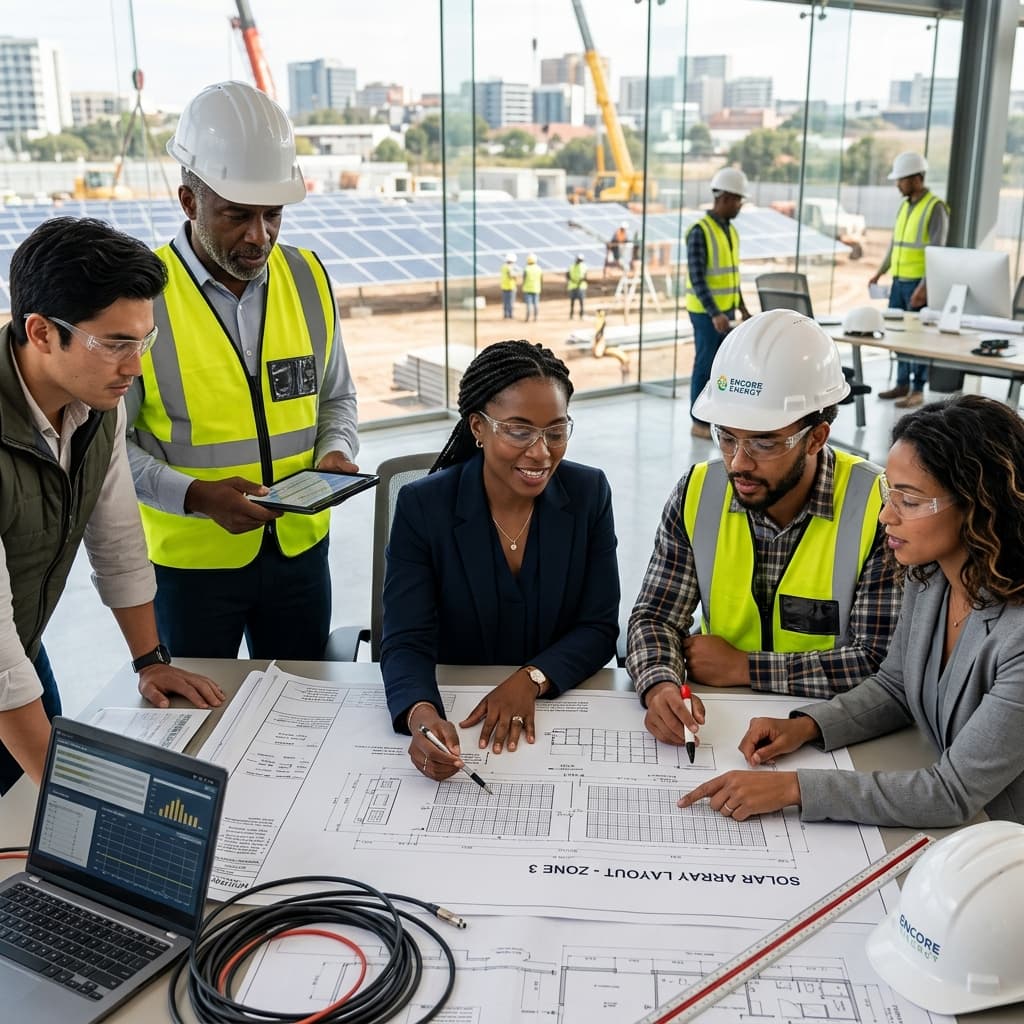 Solar engineers meeting and planning utility construction designs