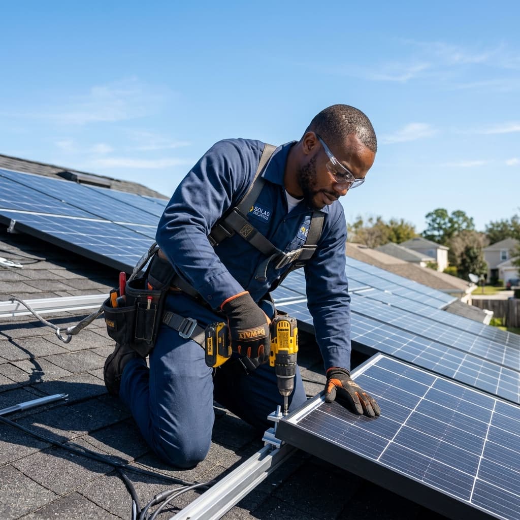 Solar installer working on rooftop solar panel installation