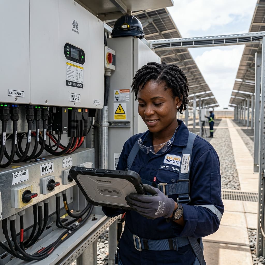 Solar engineer configuring inverter settings using a tablet