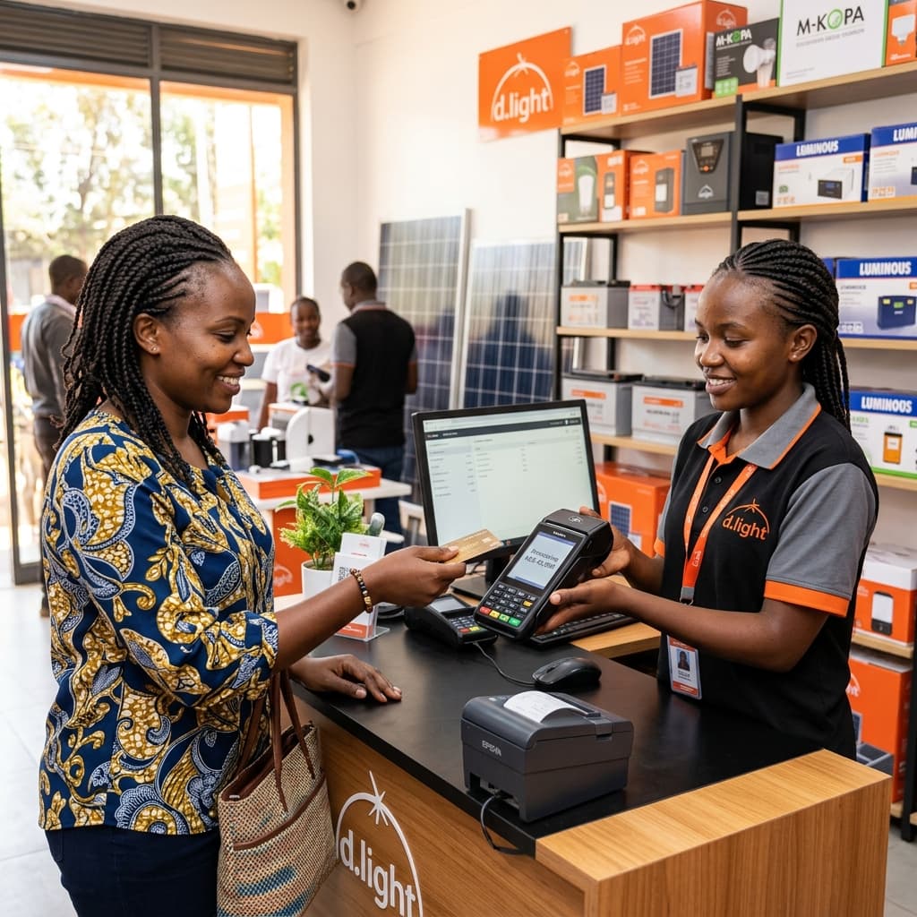 Customer credit card payment checkout at solar store retail counter POS